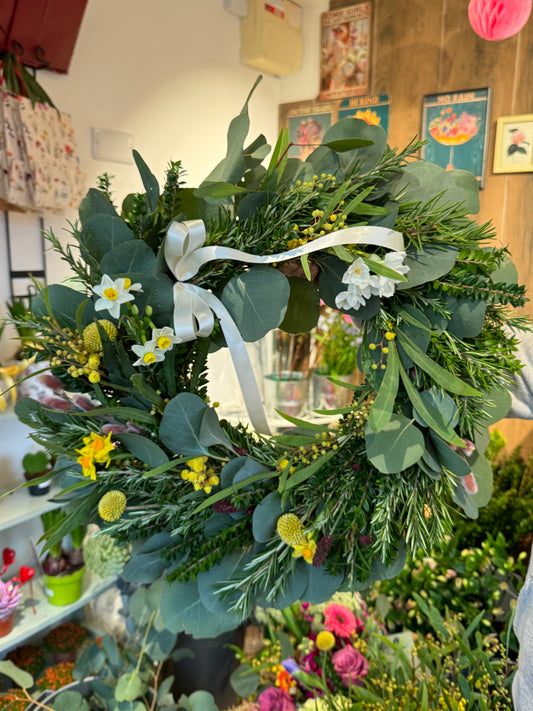 Spring fresh flower and foliage wreath. Door Wreath. Rustic cottage wreath.