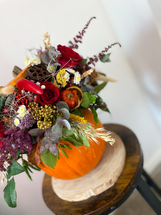 Fresh Flower Pumpkin Arrangement – Autumn Centrepiece