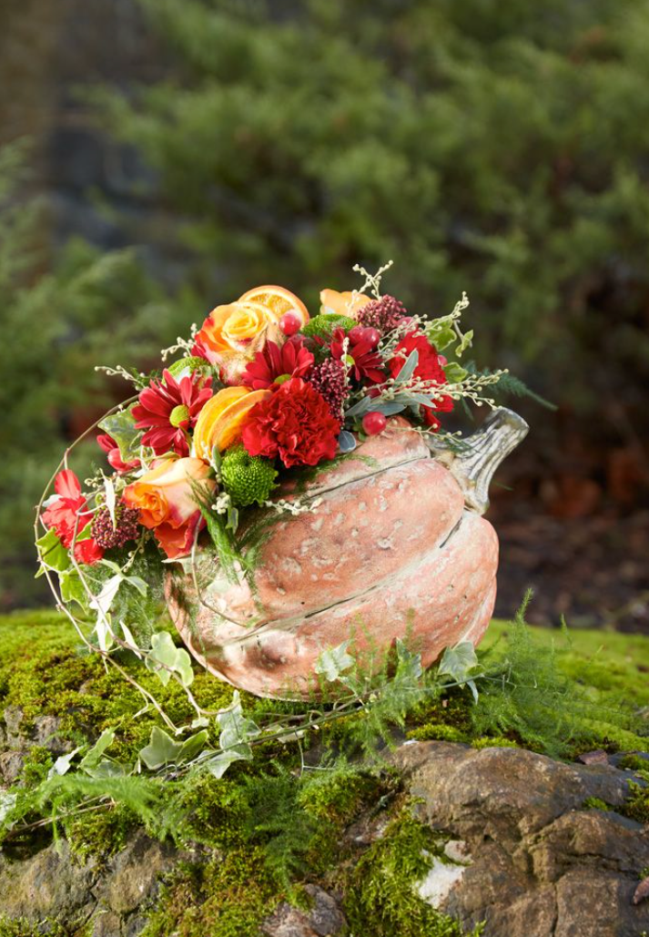 Autumn Blooms in a Ceramic Pumpkin or Squash