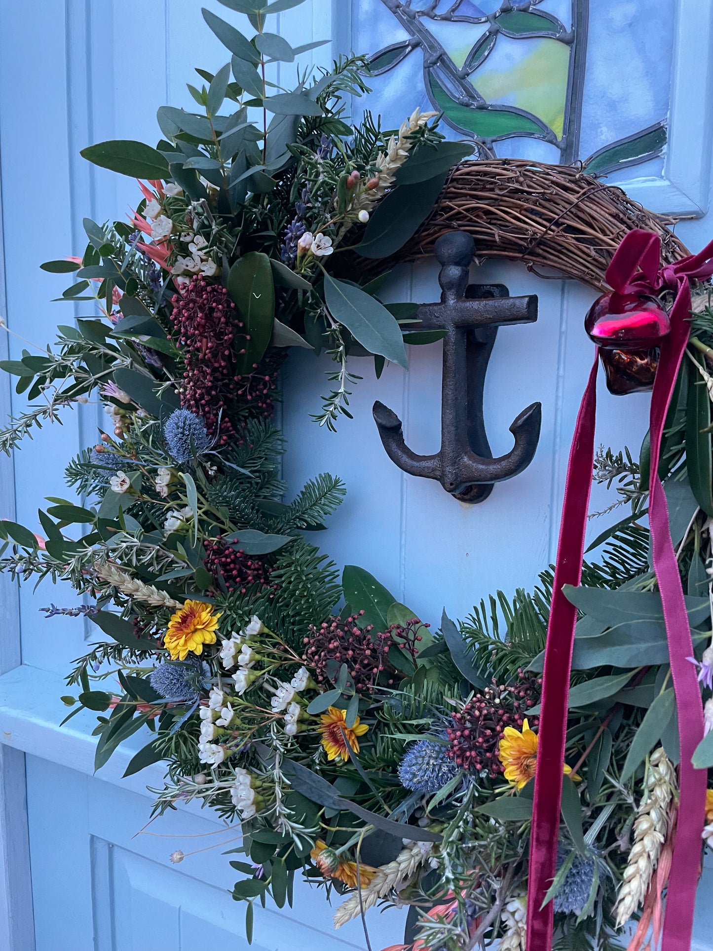 Cornish Cottage Garden Christmas Wreath – Handmade with Fresh & Dried Flowers