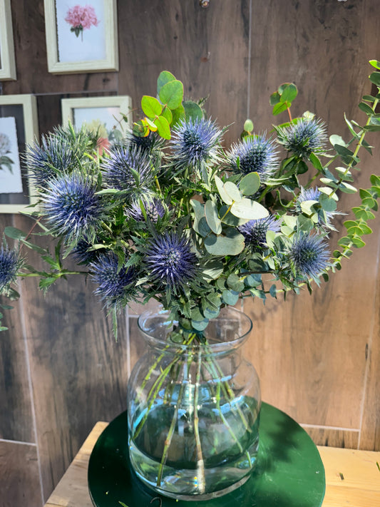 Sea Holly (Eryngium) flower bunch with blue blooms and natural texture – handmade by Barns Florals.