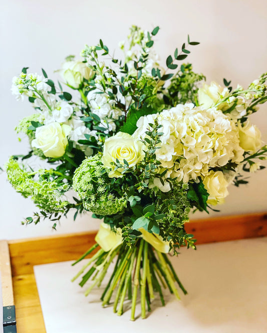 White, luxurious, elegant fresh flower bouquet. Preorders only.